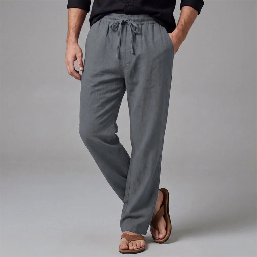Men's Casual Business Pants Cotton Linen Straight Leg Solid Color Lightweight.