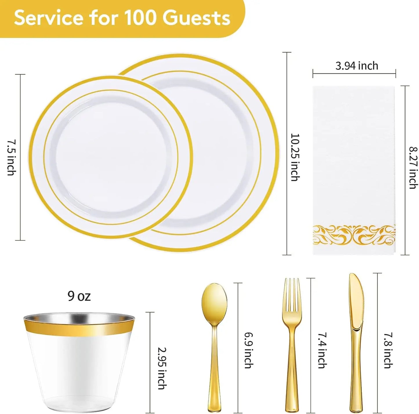 700 Pieces Gold Dinnerware Set for 100 Guests. Include: 100 Gold Rim Dinner Plates, 100 Dessert Plates, 10