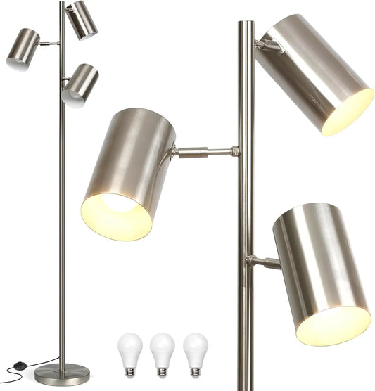 Tree Floor Lamp with 3 Light Bulbs,Nickel Standing Tall Pole Lamp with 3 Adjustable Rotating.,,9W E26 LED Bulbs Included.