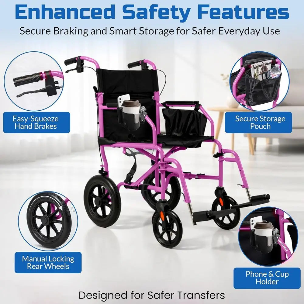 ingbird™ Ultra-Lightweight foldable Transport Wheelchair, Handbrakes,12-Inch Rear Wheels, Extra-Wide Seat.