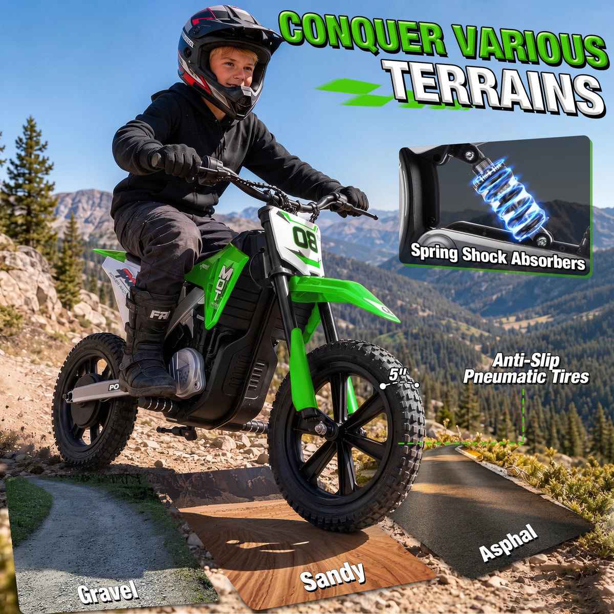 24V Kids Electric Dirt Bike, Powerful Motor 14MPH Ride‑on Motorcycle for Kids, 3‑Speed Adjustable with Disc Brake & Shock Absorption,