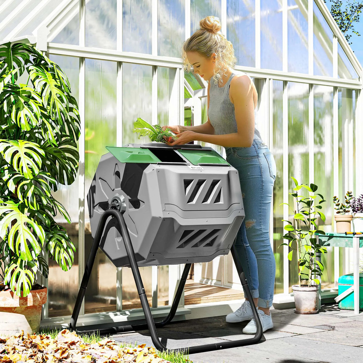 Garden Compost Bin Dual Tumbler Rotating Outdoor Composter with Sliding Doors