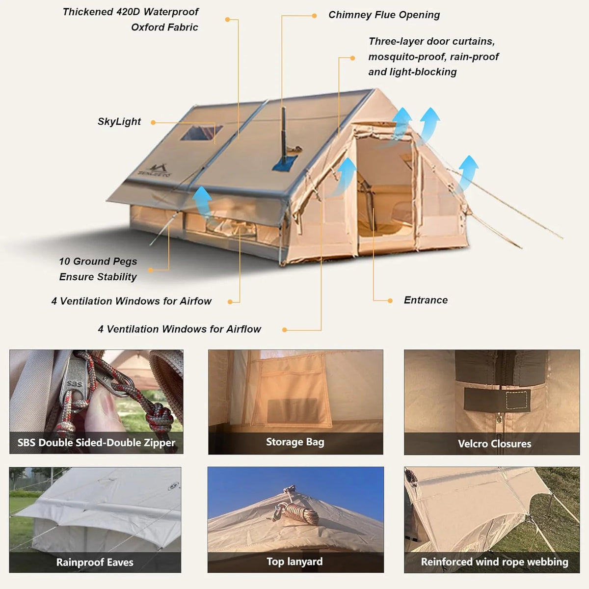 Inflatable Camping Tents 6-8 Person.,420D High-density Oxford Fabric Family Inflatable Tent House with Stove Jack&AC Vent, Easy Setup Blow up Tent with High Pressure Pump