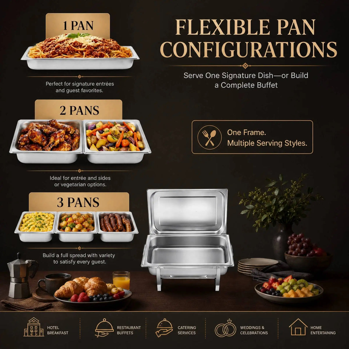 4 Pack 9.5 QT Stainless Steel Chafing Dishes Buffet Set, 7 Food Pans & Folding Stands,.