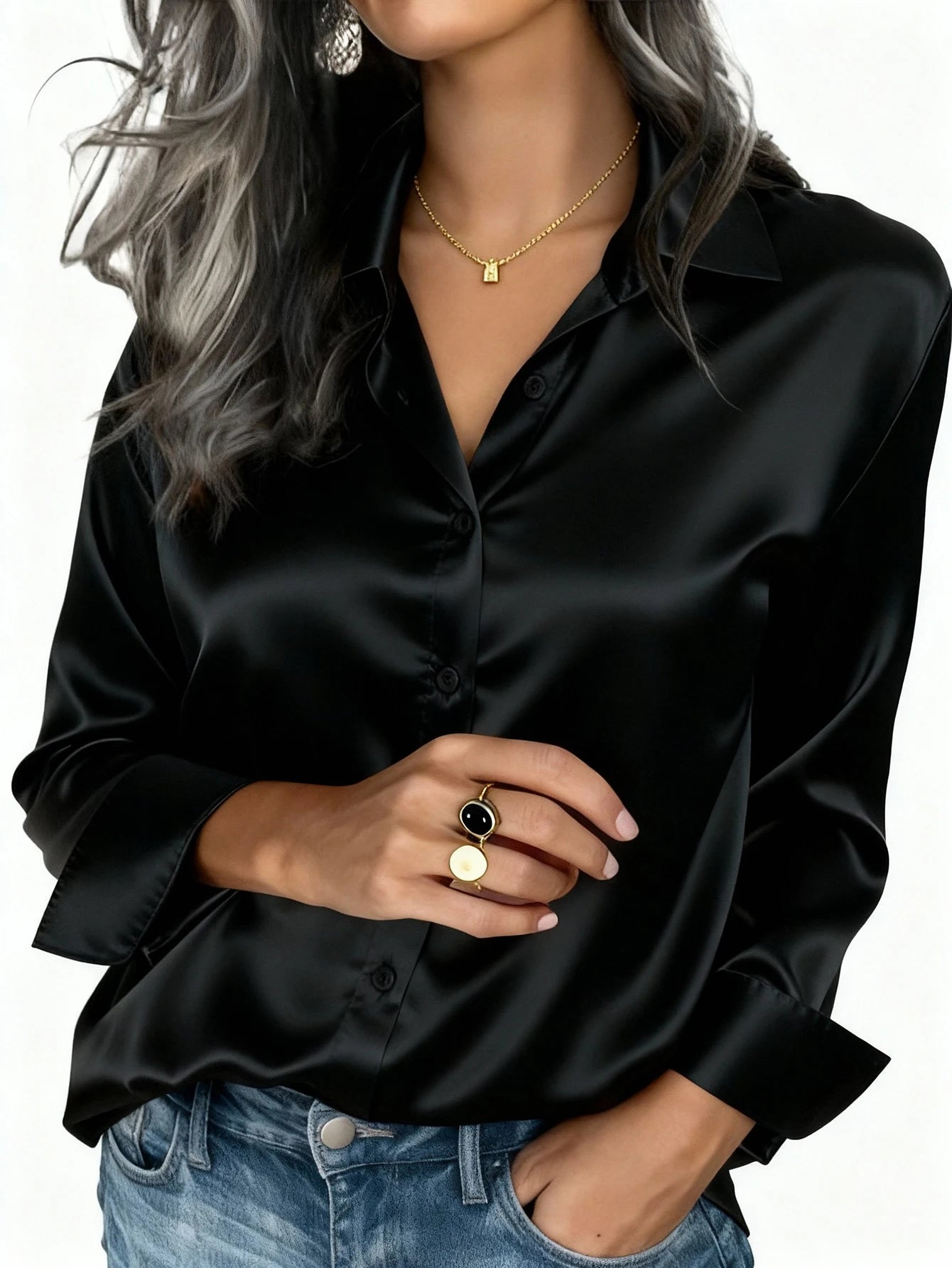 Women's Satin Button-Up Blouse, Apparel