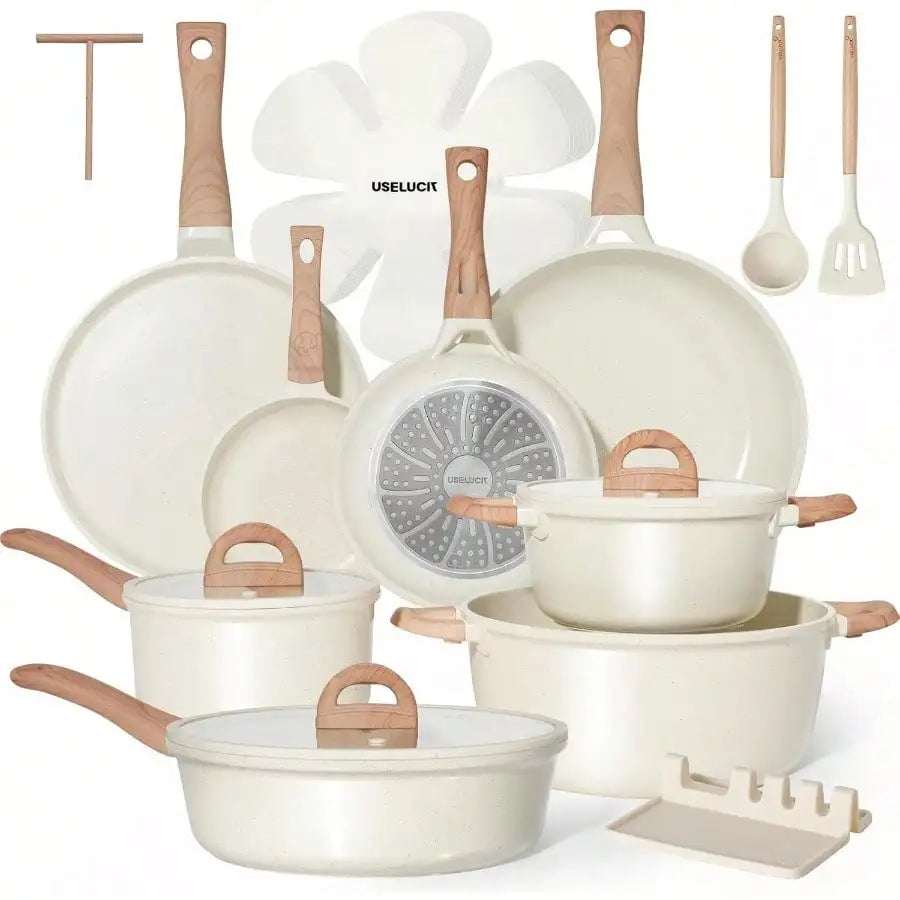 Pots And Pans Set Non Stick 22 Pcs Ceramic Cookware Sets Nonstick . With Lid Cream White Granite Induction Compatible .