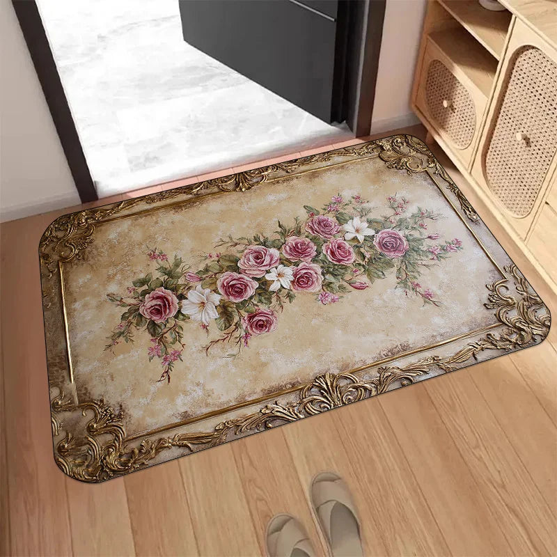 Vintage Floral Flannel Washable Non Slip Door Mat