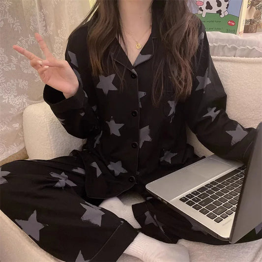Korean Style Long-Sleeved Pajamas Set for Women Spring Autumn