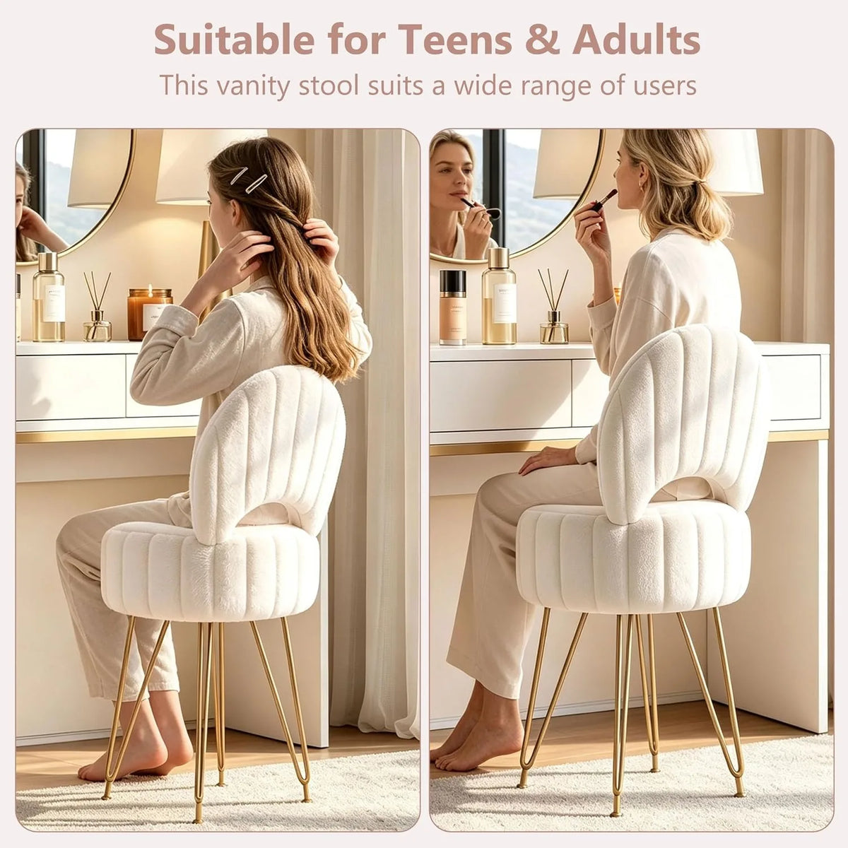 White Faux Fur Vanity Stool Chair with 7.9 Liter Hidden Storage Folding Backrest Thick Padded Seat Gold Metal Legs .