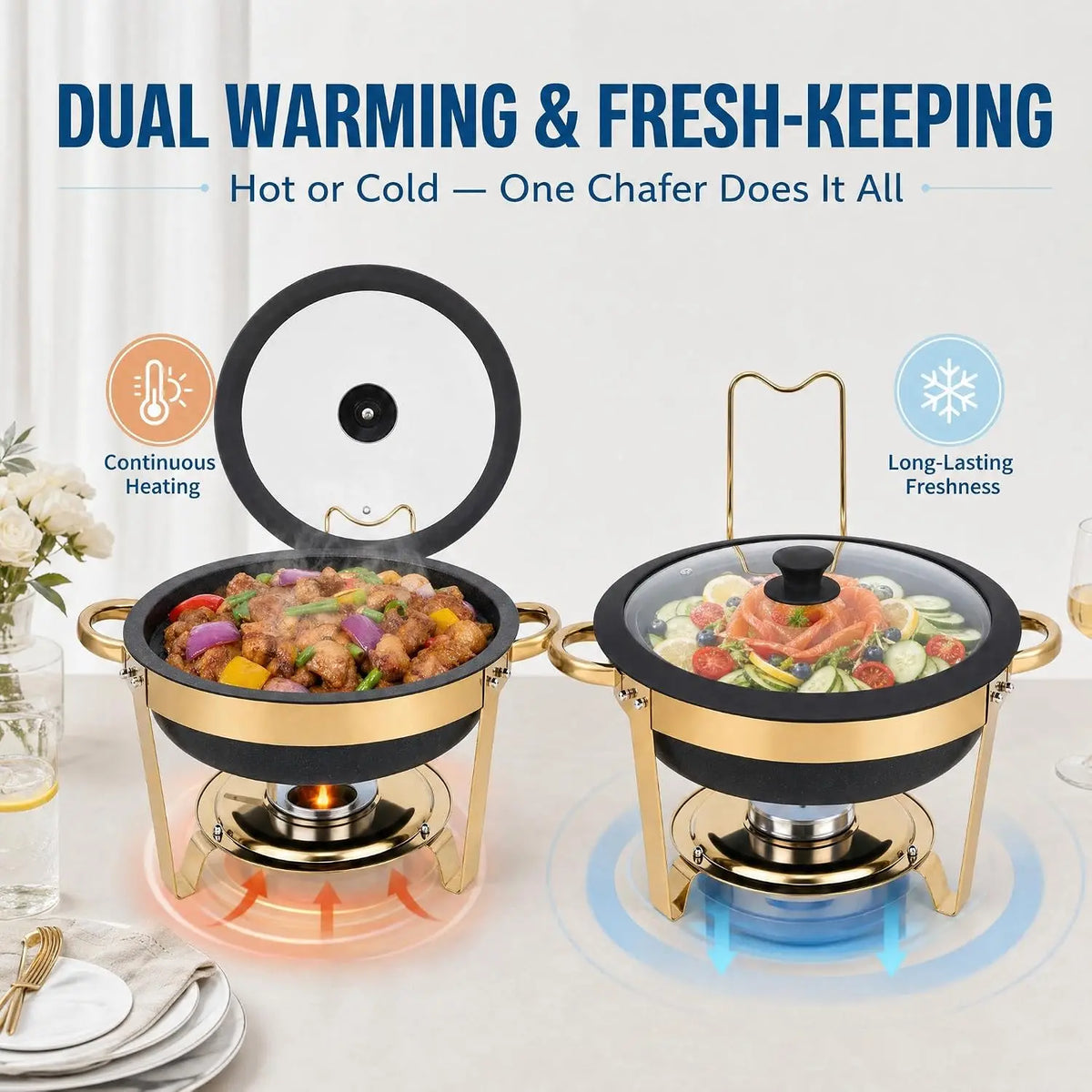 Chafing Dishes for Buffet 2/4/6Pack 6QT Black Maifanite-Coated Chafer Round Stainless Steel , Glass Lid Buffet Food Warmers .