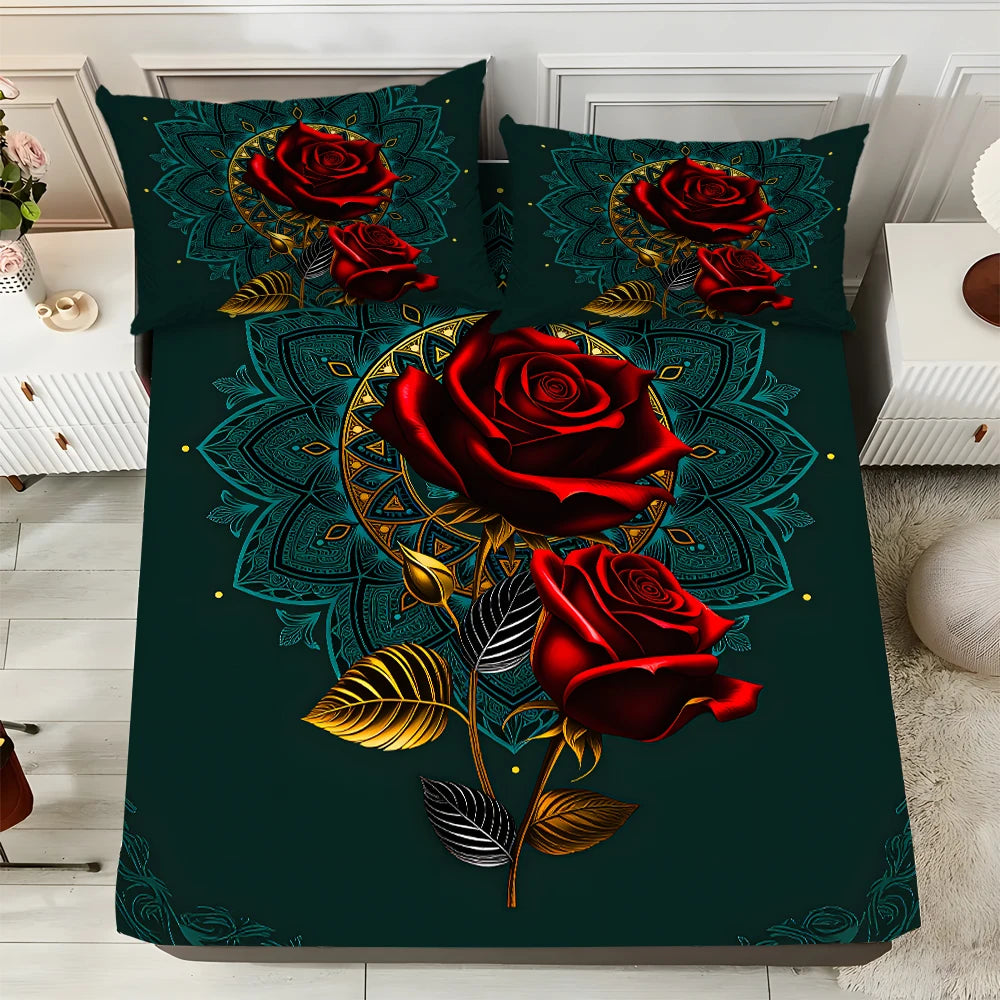 3Piece Bed Sheet Set Green&Rose Flower Printing 1 Fitted Sheet 2 Pillowcases. Microfiber Deep Pocket Full Queen King