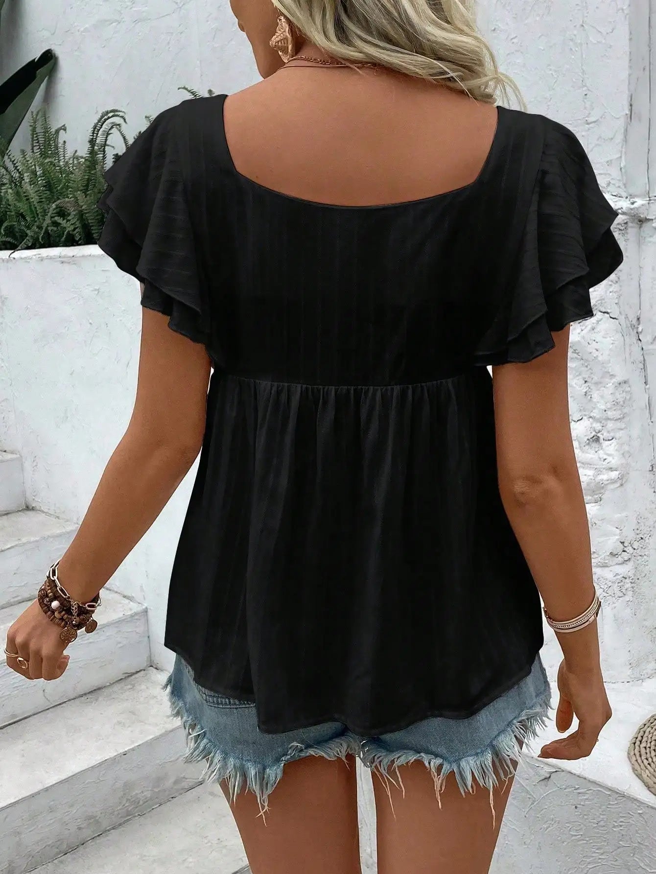 Women's Summer Square Neck Embroidered Short Sleeve Peplum Top