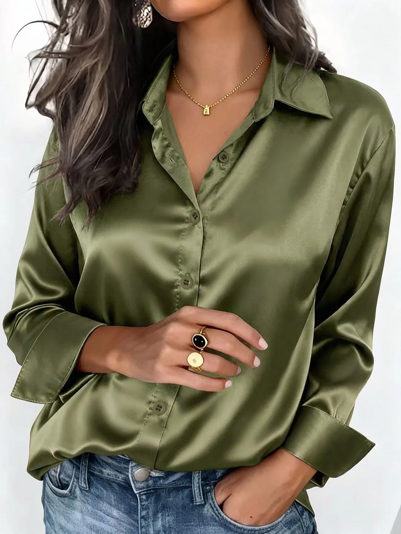 Women's Satin Button-Up Blouse, Apparel