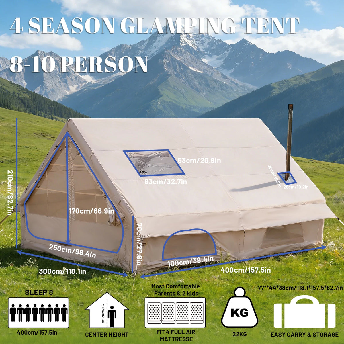 PAKICETUS Large Luxury Inflatable Glamping Tent with Manual Hand Pump, Easy Setup 4 Season Anti-Snow Spacious Family Shelter, Weatherproof Air Tent .