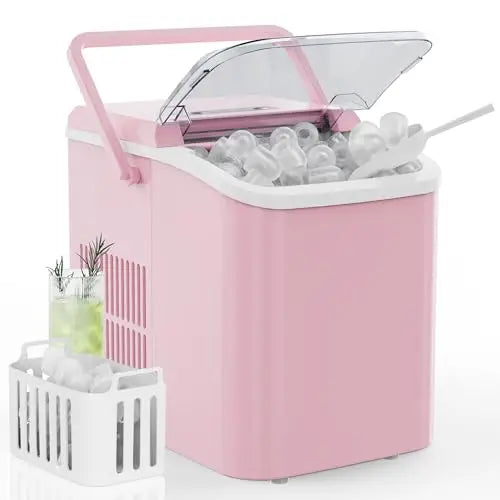 Ice Maker, Portable Countertop Icemaker Machine, Self Cleaning Quiet 2 Sizes Bullet Cubes Makers, Pink