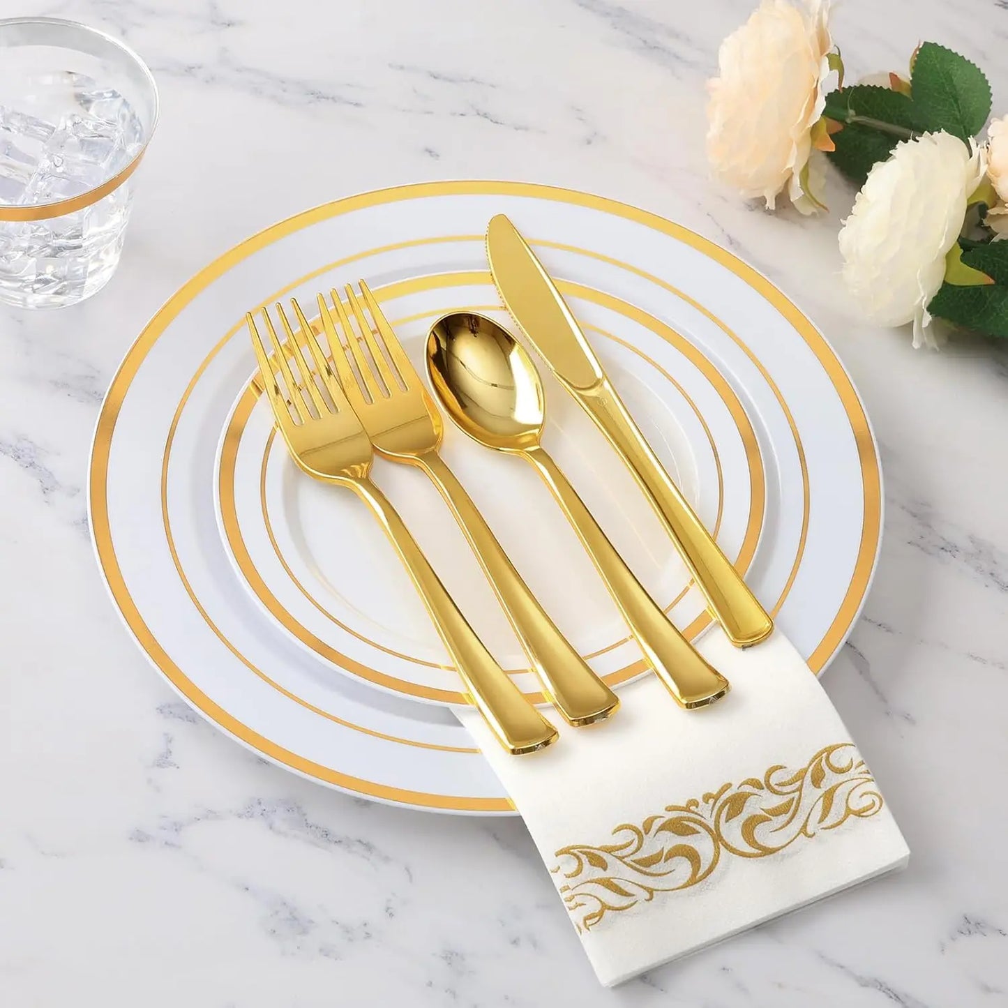 700 Pieces Gold Dinnerware Set for 100 Guests. Include: 100 Gold Rim Dinner Plates, 100 Dessert Plates, 10
