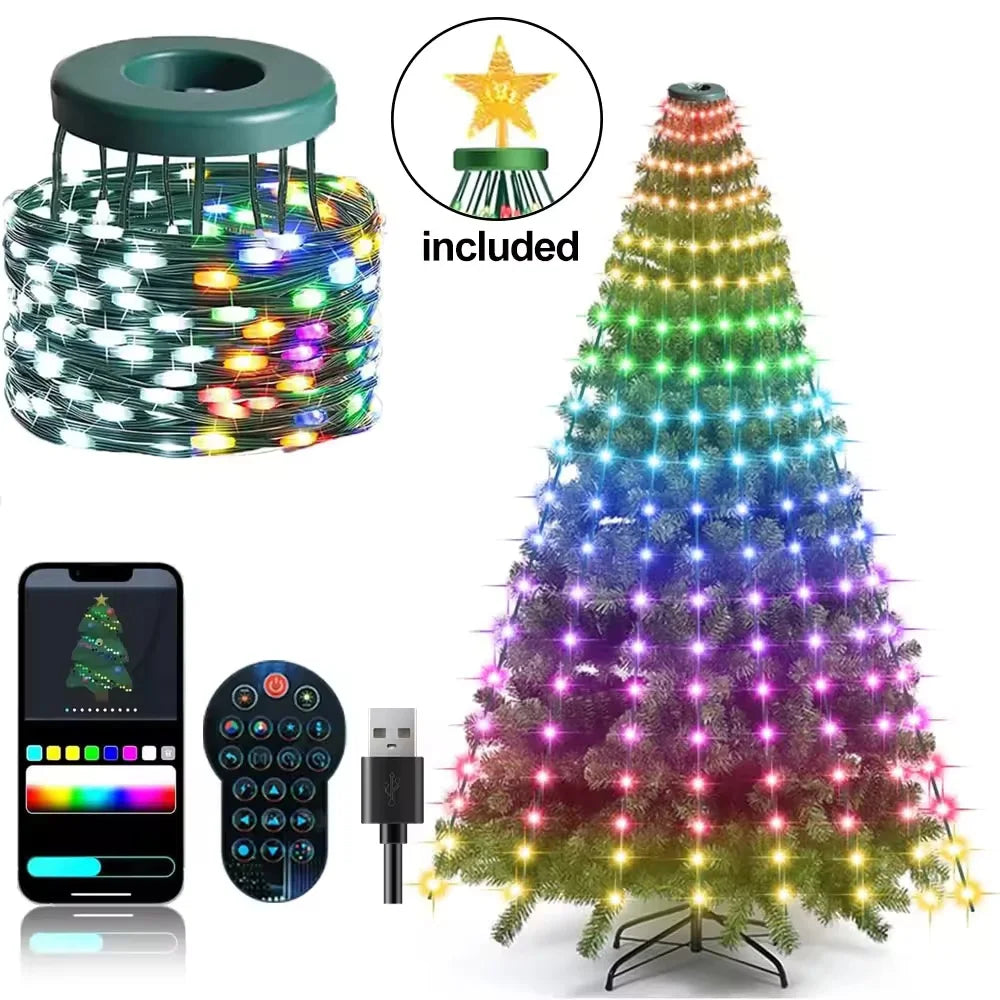 1.8CM/2.1CM RGB Christmas Tree Waterfall Lights With Star Topper,APP Remote Control . Multicolor Fairy Light
