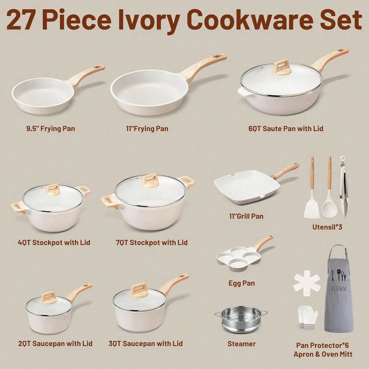 27PCS Pots And Pans Set, Nonstick Ceramic Cookware Set,  With Gloves, Apron, Silicone Tools & Pot Protectors, .
