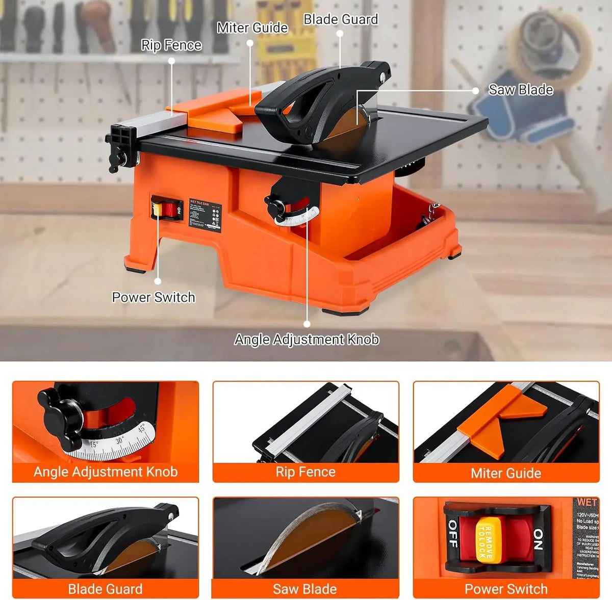 Wet Tile Saw 6500 RPM Copper Motor Tile Cutter 0-45° Bevel Cutting Built-In Water Tray with Rip Fence & Miter Gauge for Ceramic Stone Tile