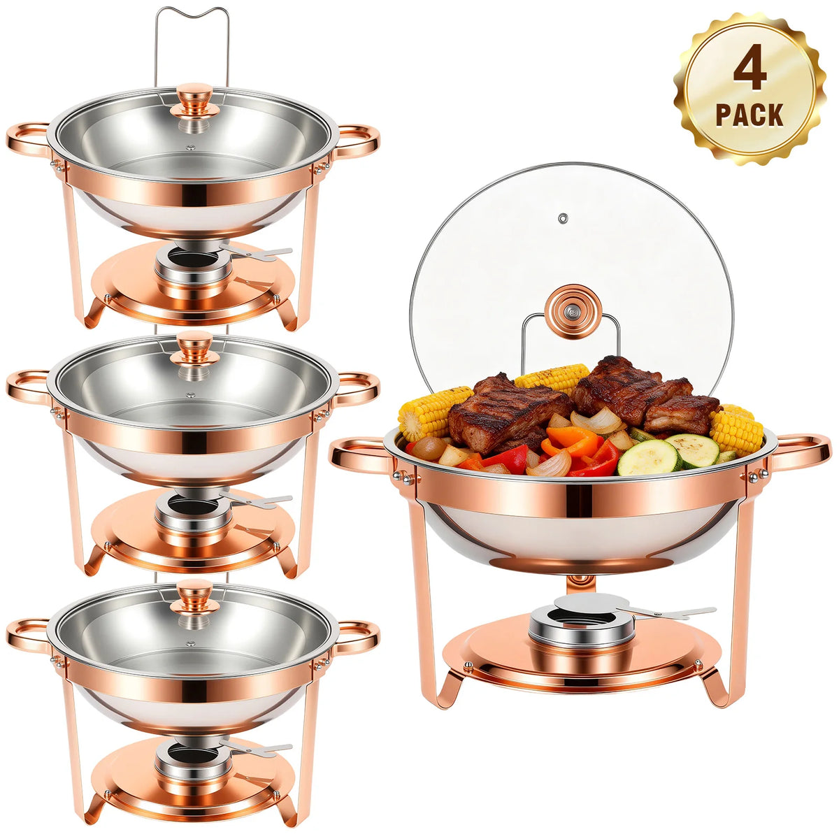 Chafing Dish Set Gold-Plated 5QT Round Warmer Server Stainless Steel 316 with Glass Lids .
