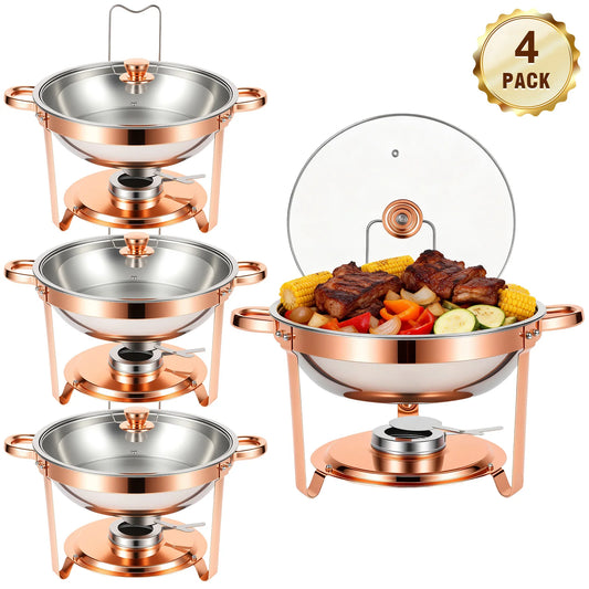 Chafing Dish Set Gold-Plated 5QT Round Warmer Server Stainless Steel 316 with Glass Lids .