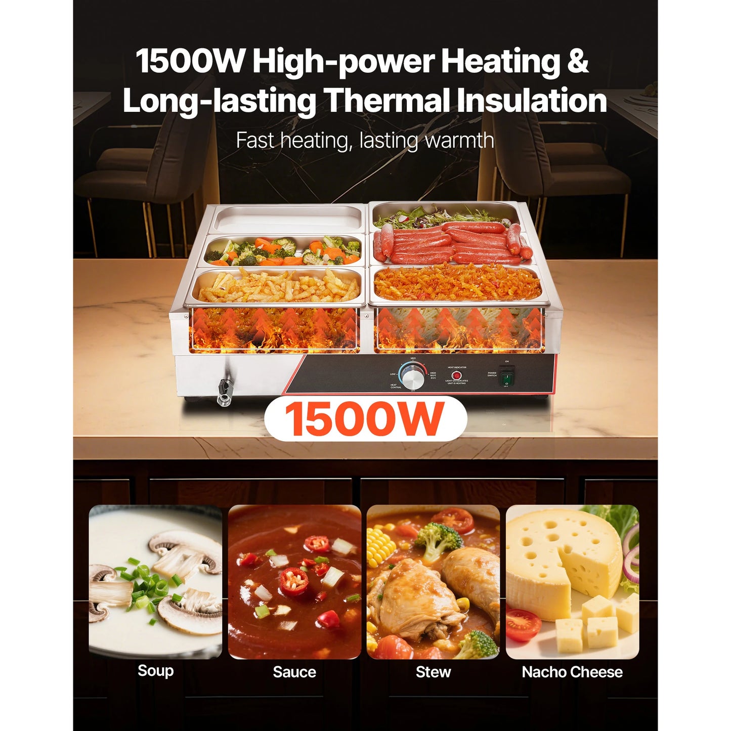 SucceBuy Commercial Food Warmer 1500W Electric Stainless Steel Steam Food Warming with Lid for Catering.