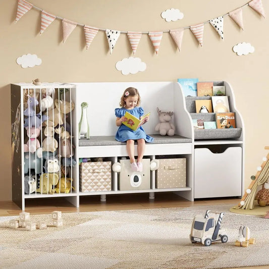 Children's Reading Corner with Storage, Animal Holder, Cushioned Seat,.