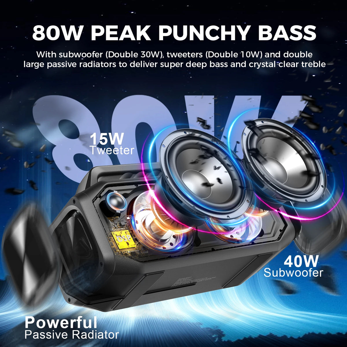 W-KING BT261-2 Bluetooth Wireless, 80W Portable Outdoor Speakers Loud with Bass Boost,.