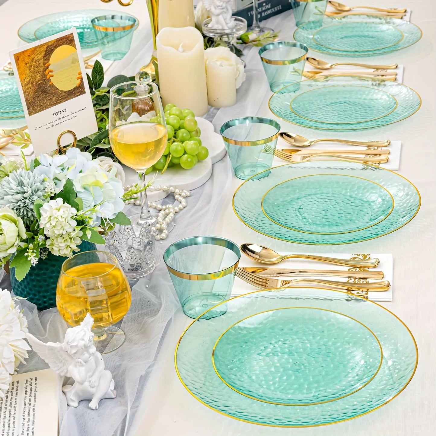 350-Piece Transparent Green Plastic Plates + Matching Green & Gold Cutlery Set