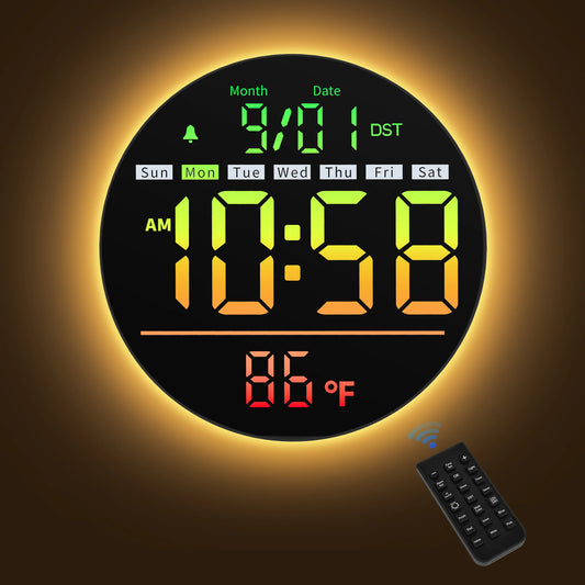 8‘’LED Wall Clockwith Timer,Temperature,Date,Night Light,. Color,Alarm,5-Level Brightness Digital Clock