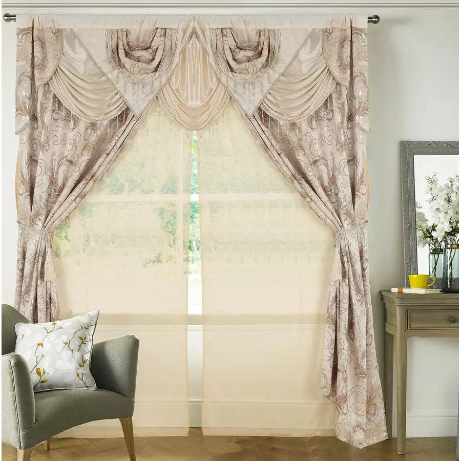 Jacquard Luxury Window 2 Panel Set Beige Curtain with Attached Valance and Backing  2 Curtains 55x84