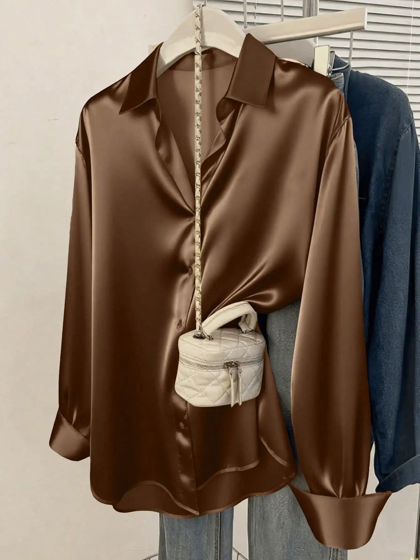 Women's Satin Button-Up Blouse, Apparel
