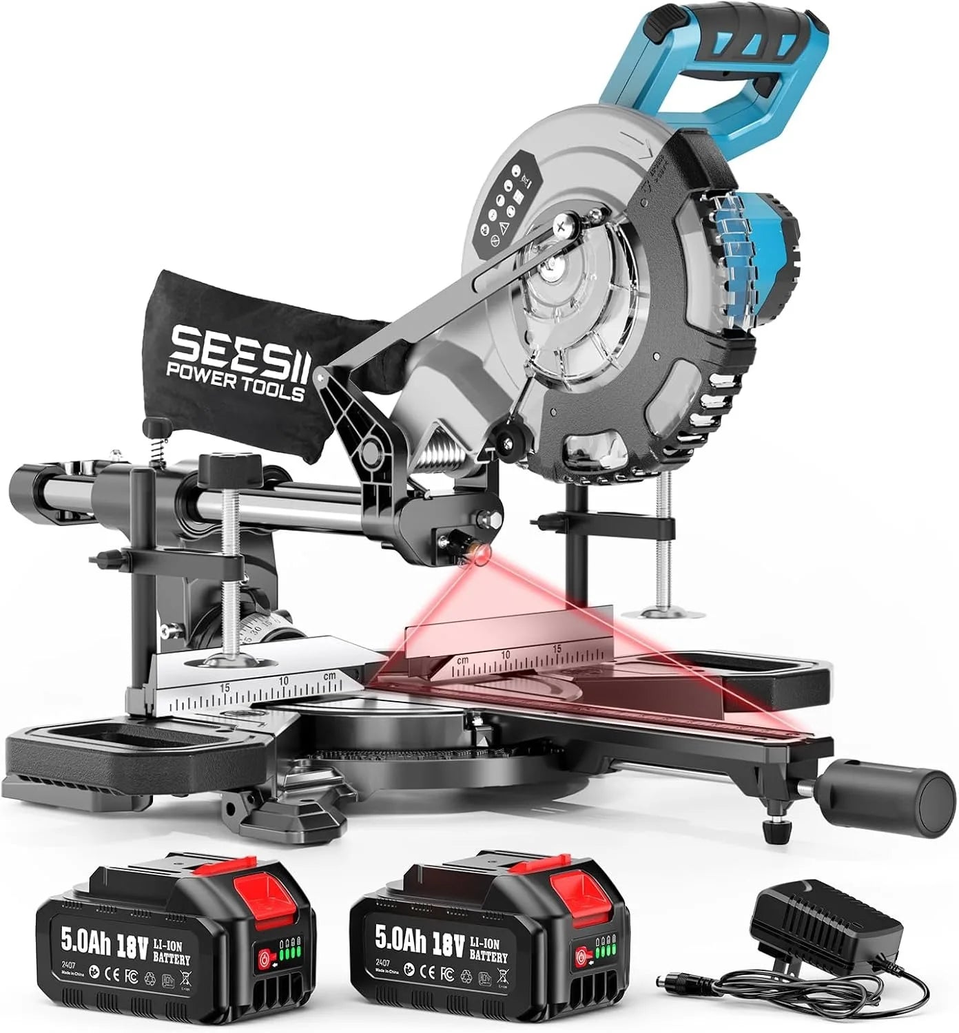 8-Inch Sliding Compound Miter Saw Cordless Power Miter Saw with Laser Guide 2 pcs 5000 . Batteries Single Bevel 45° 24T TCT Blade Max Cut 2.5×12-inch .