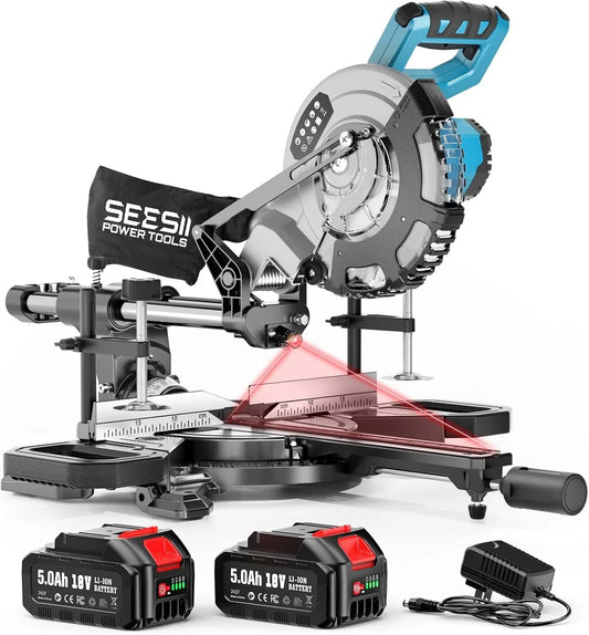 8-Inch Sliding Compound Miter Saw Cordless Power Miter Saw with Laser Guide 2 pcs 5000 . Batteries Single Bevel 45° 24T TCT Blade Max Cut 2.5×12-inch .