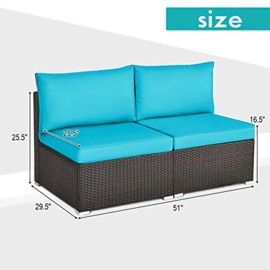 2PCS Wicker Patio Conversation Set Chairs with Soft Cushion, . Turquoise
