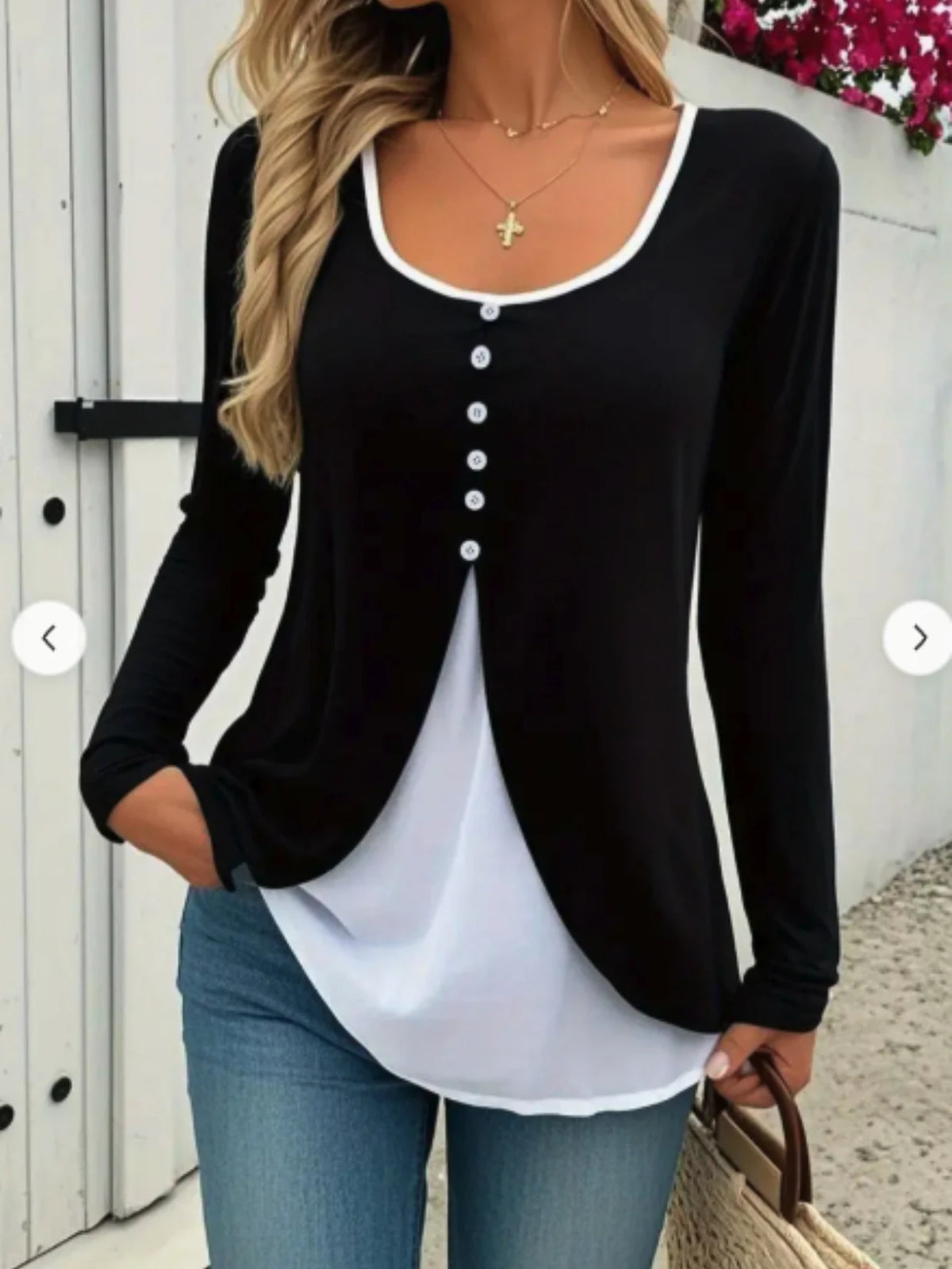 Color Block Fake Two Piece U Neck Button Detail Long Sleeve Tunic Top.