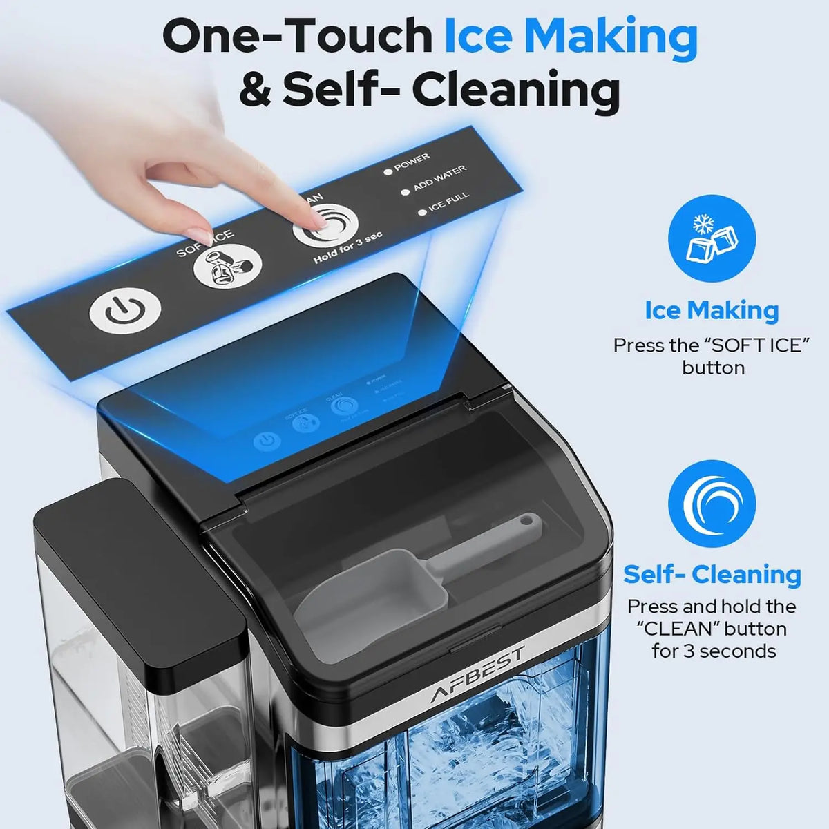 Large Capacity Countertop Nugget Ice Maker – 38 lbs/24H, Chewable Soft Ice, One-Touch Self-Cleaning, Dual Water Tanks (3L+1.5L),.