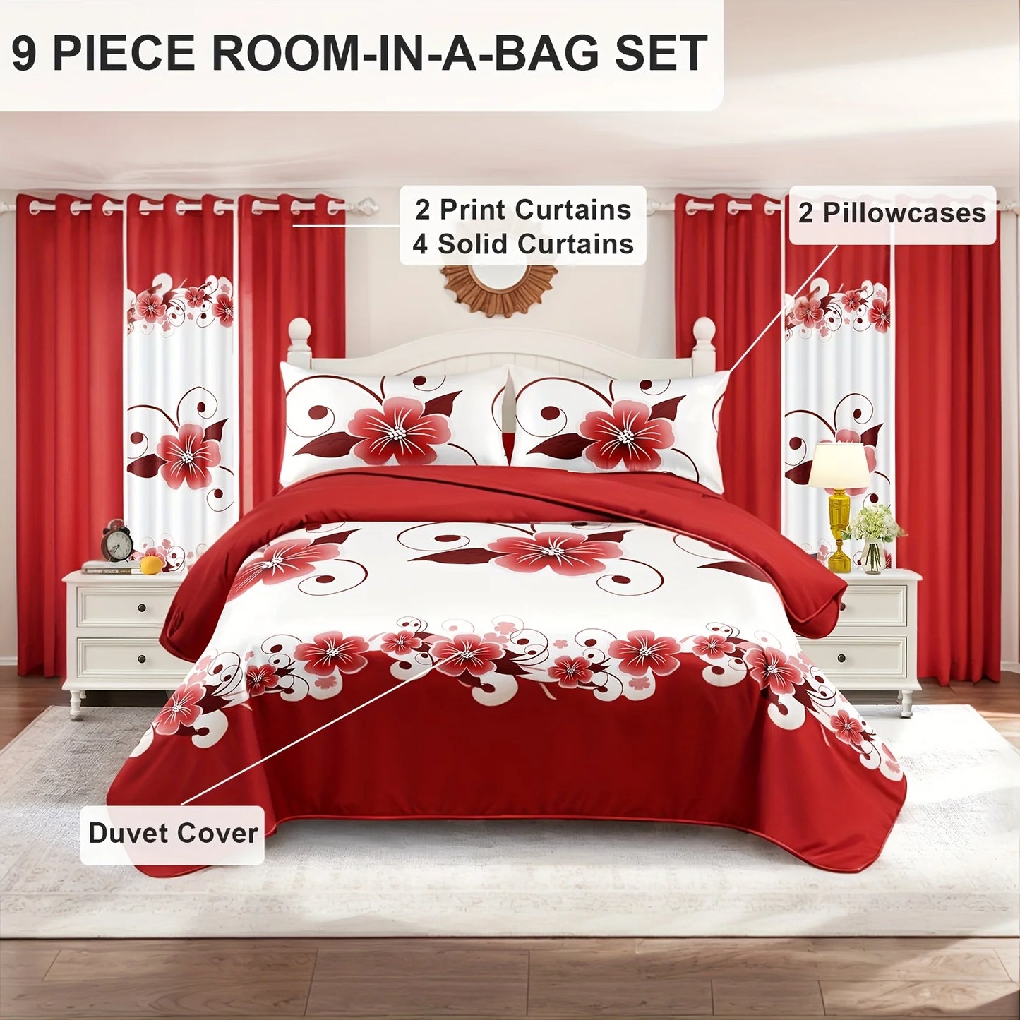 9 Piece Luxury Bedspread And Curtain Set Purple Floral Microfiber All Season