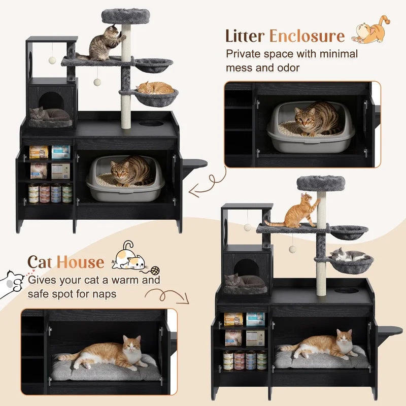 Black Cat Tree with Litter Box Enclosure, Sisal Scratching Post, Storage, Hammock, and Perch –