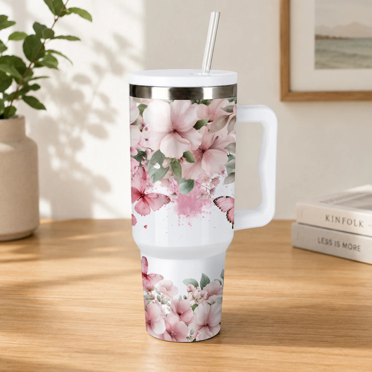 1pc of a 16Oz/40Oz Pink Floral Butterfly Tumbler Featuring a Handle And Straw Designed to Fit in Cup Holders