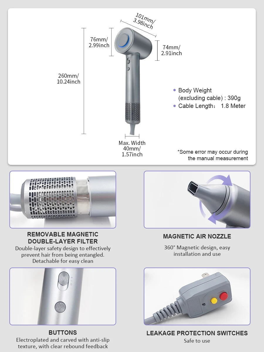 Professional Hair Dryer High-Speed  Hair Care Styling Negative Ion Tool Magnetic Nozzle