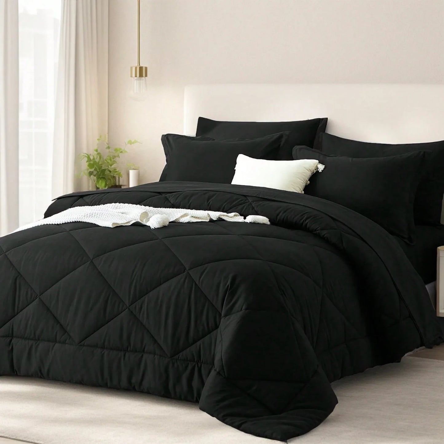 5/7 Piece Solid Color Bed Comforter Set Queen, Creative Geometric Pattern Design, ...Bed In A Bag For All Seasons.