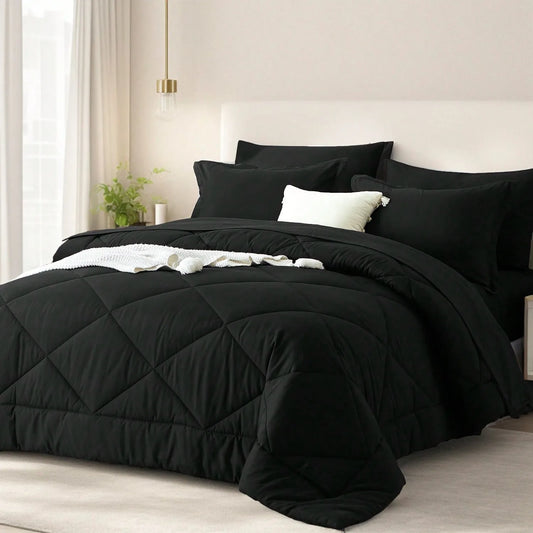 5/7 Piece Solid Color Bed Comforter Set Queen, Creative Geometric Pattern Design, ...Bed In A Bag For All Seasons.