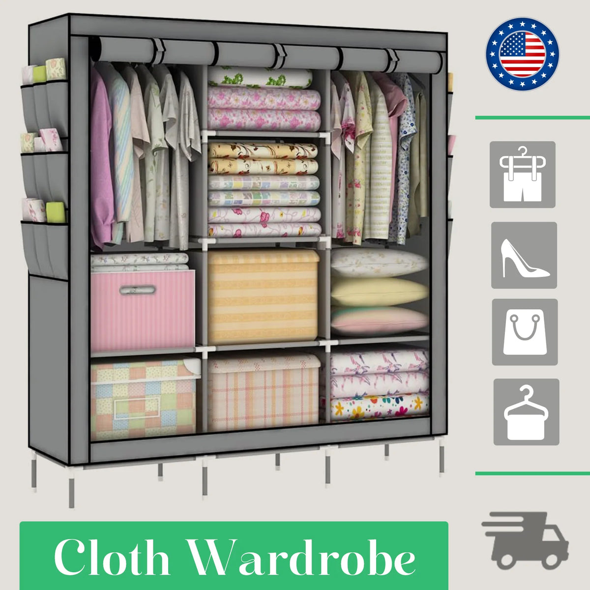 Closet Wardrobe Organizer Storage Rack Portable Clothes Shoe Clothing Shelf Dustproof Non-woven Fabric.