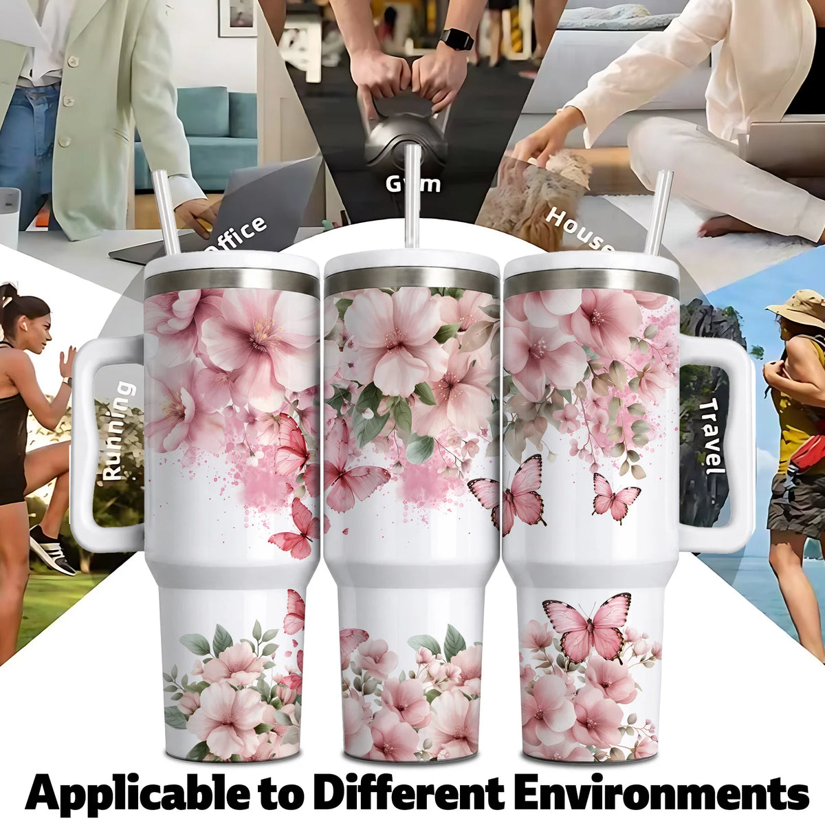 1pc of a 16Oz/40Oz Pink Floral Butterfly Tumbler Featuring a Handle And Straw Designed to Fit in Cup Holders