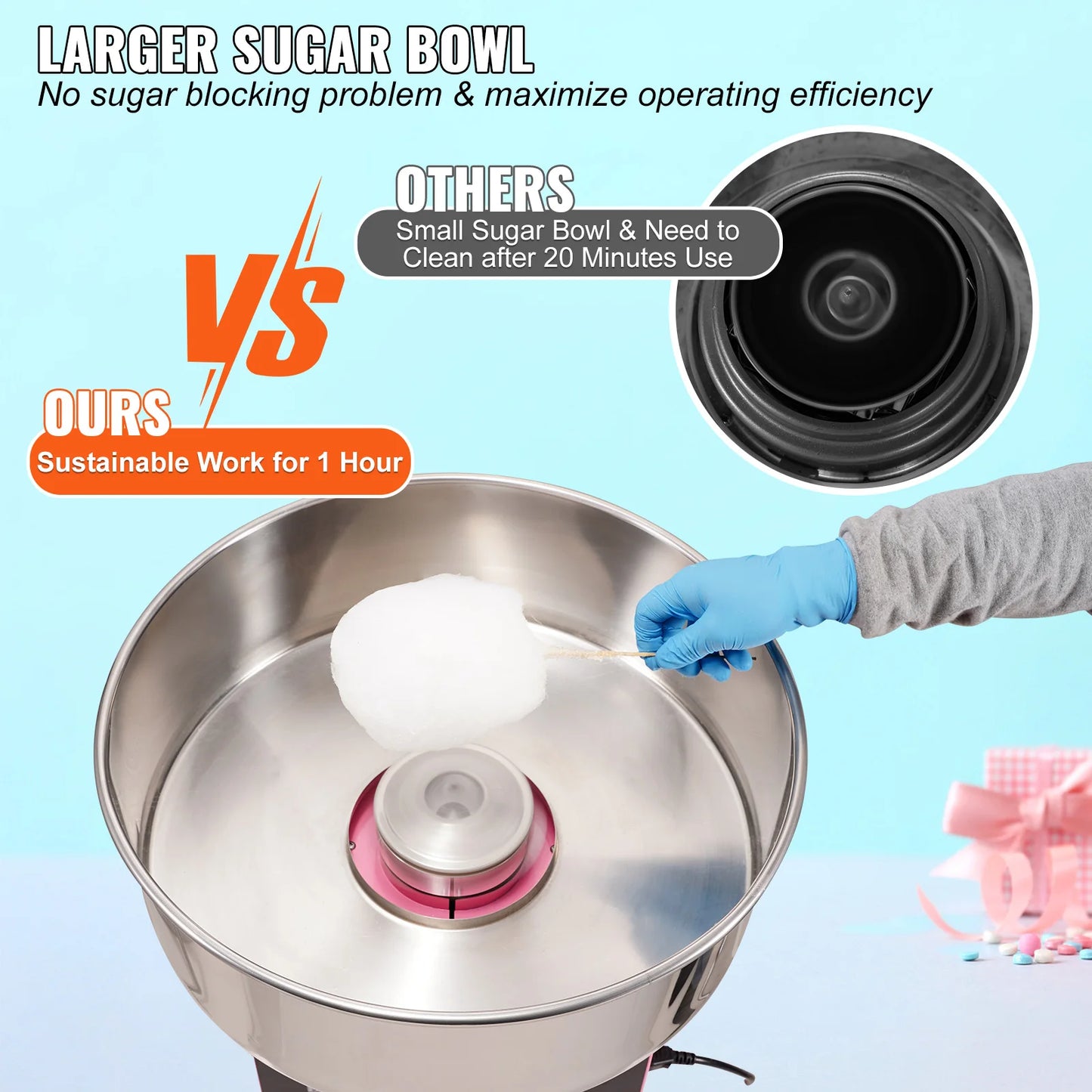 Electric Cotton Candy Machine Commercial Floss Maker w/ Stainless Steel Bowl Sugar Scoop and Drawer .