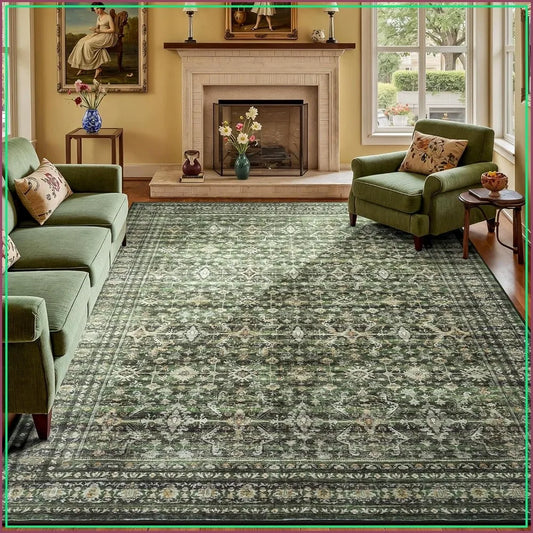 8x10 Area Rugs .Green Washable Non-Slip Large Carpet Soft Boho Rug . Stain Resistant Low Pile Vintage Distressed