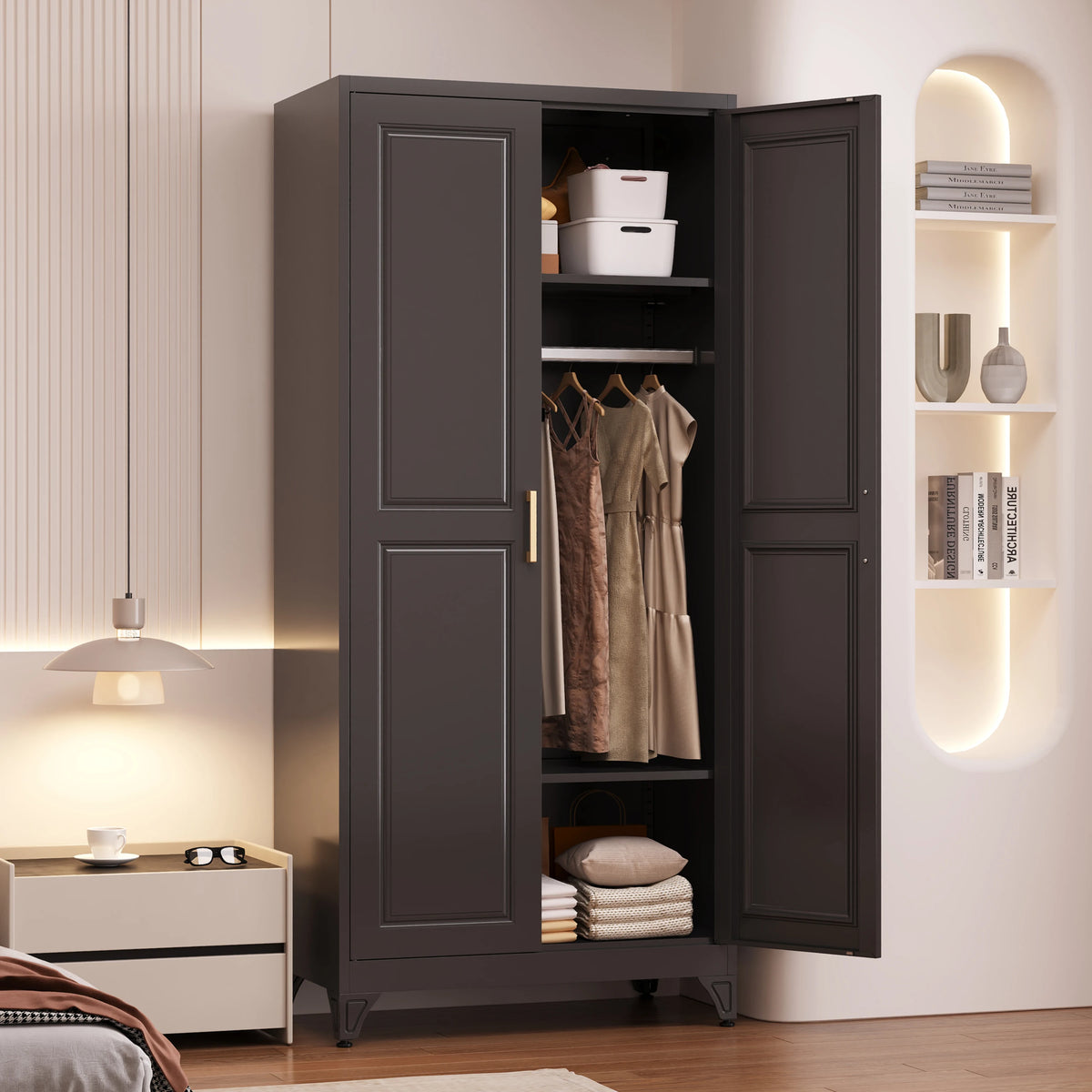 Steel Long Adult Modern Steel Armoire Wardrobe Storage Closet with 2 Doors and Shelves .
