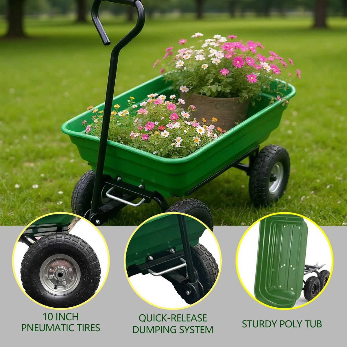 Garden Wheelbarrow Cart Heavy-Duty Utility with Dual or Four Wheels Built-in Stand