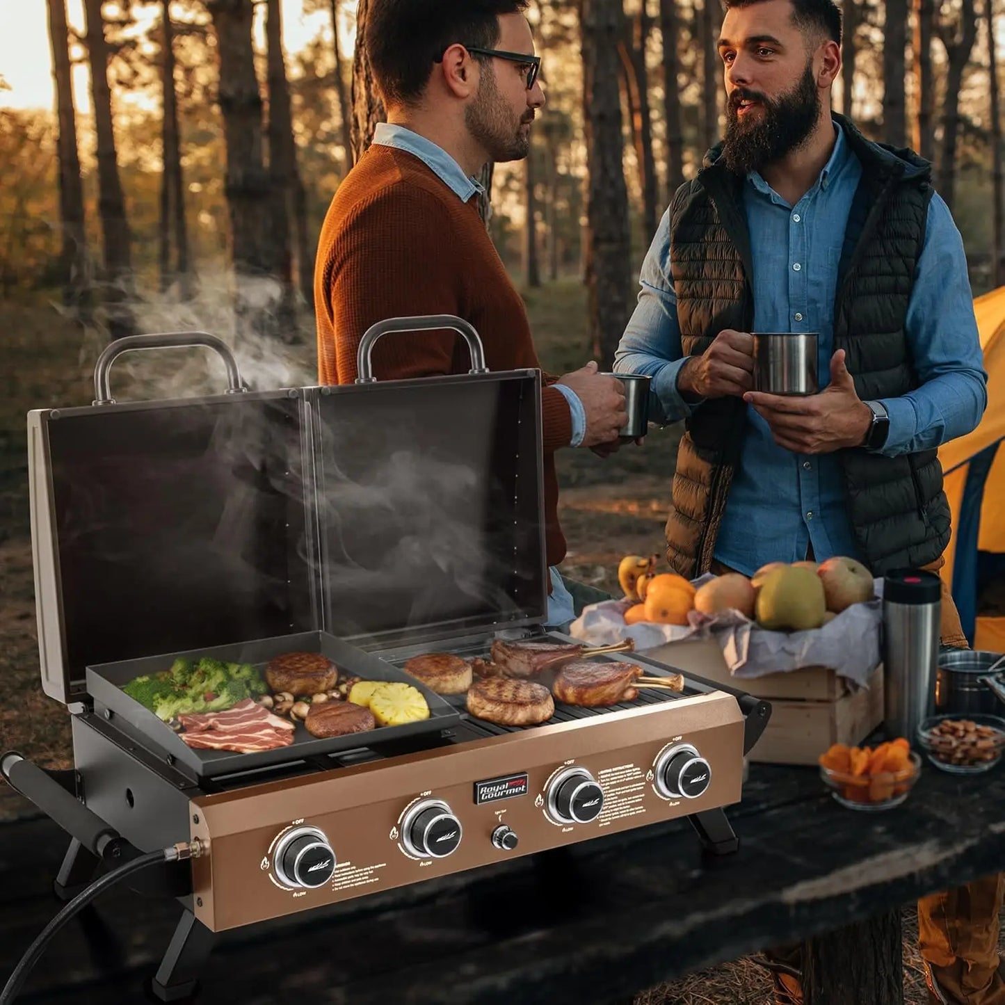 .Portable Tabletop Grill & Griddle Combo with Hood, 4-Burner Portable Propane Gas Grill Griddle Combo .